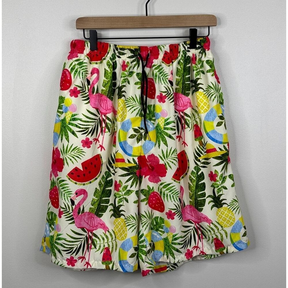 Men’s Size 2XL Tropical Flamingo Toucan Swim Trunks Lined Stretch Board Shorts